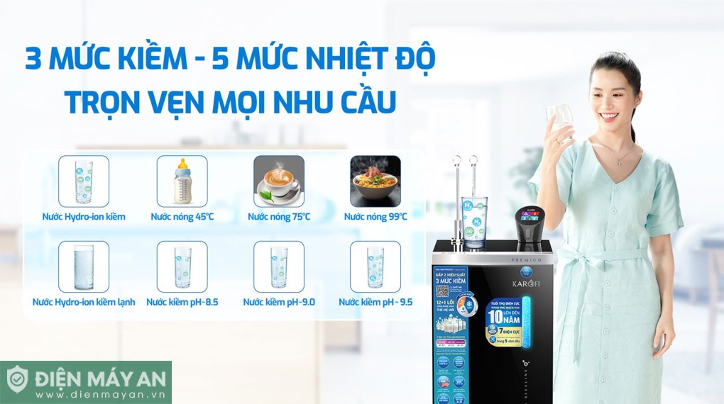 Máy lọc nước RO nóng nguội lạnh Hydro-ion kiềm Karofi KAE-S88 PROMAX 13 lõi